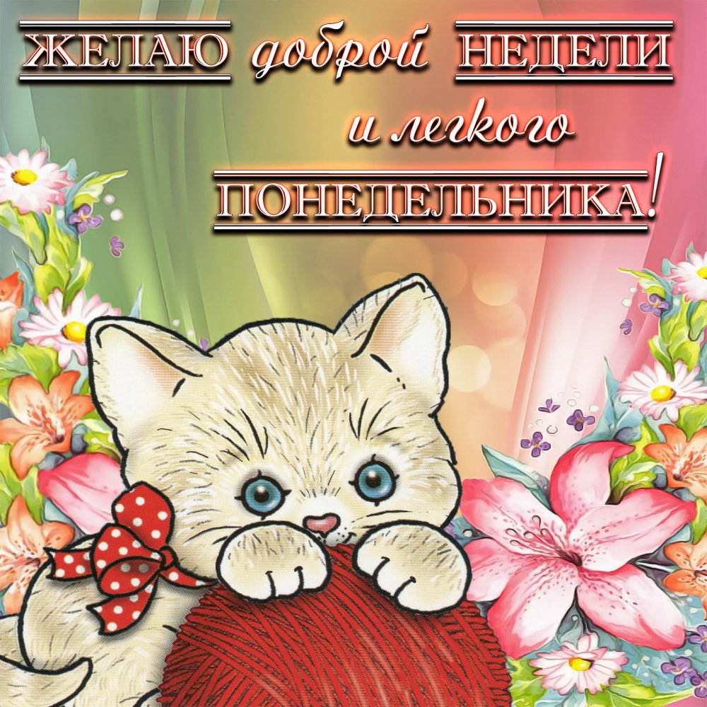 Котёнок с клубком среди цветочков