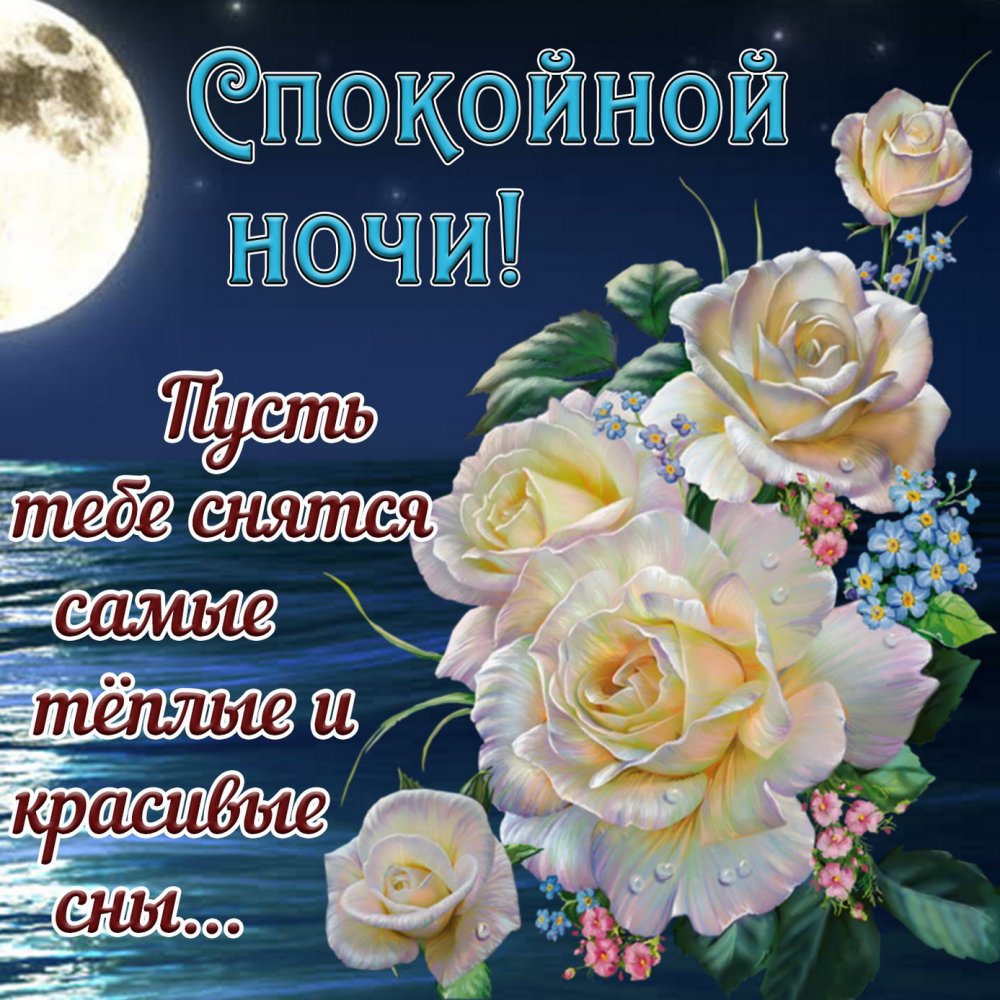 Картинка спокойной ночи с красивыми розами под луной