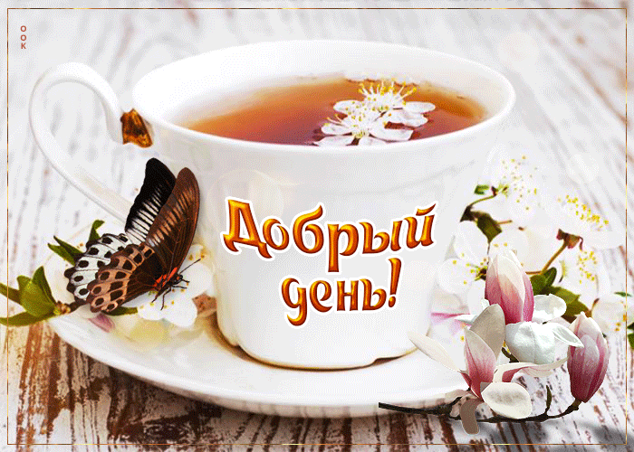 Классная открытка с бабочкой и чаем Добрый день!